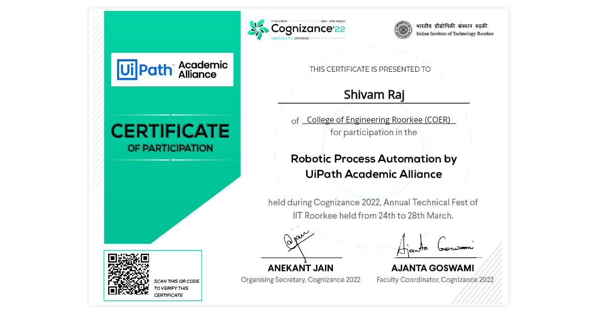 Shivam Raj | Workshop Certificate of Robotic Process Automation by ...