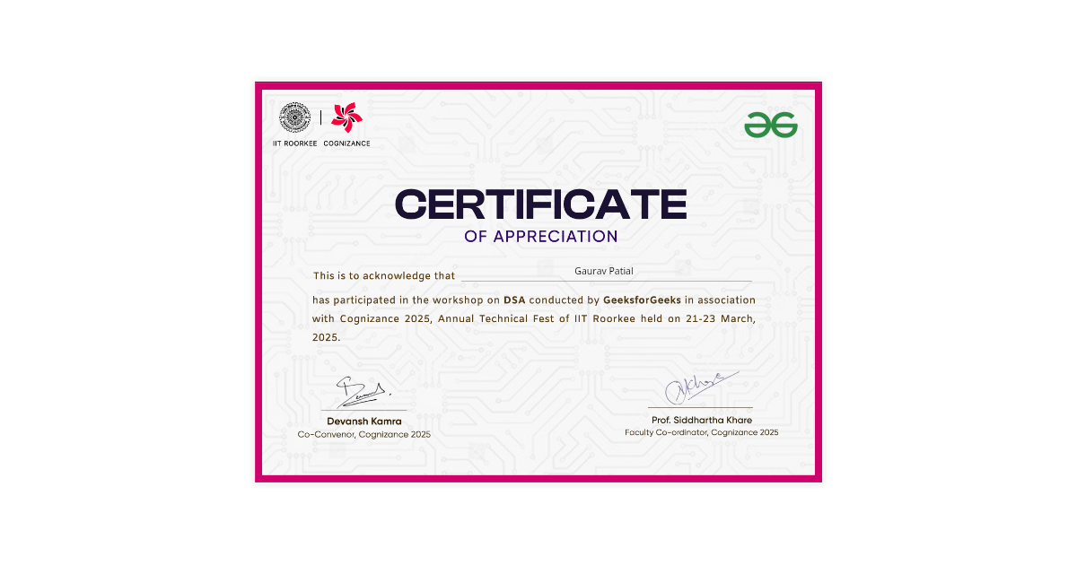 Gaurav Patial | Certification of Participation of Workshop on DSA ...