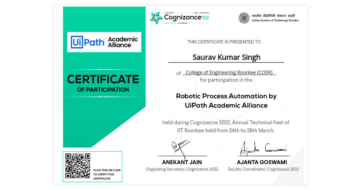 Saurav Kumar Singh | Workshop Certificate of Robotic Process Automation ...