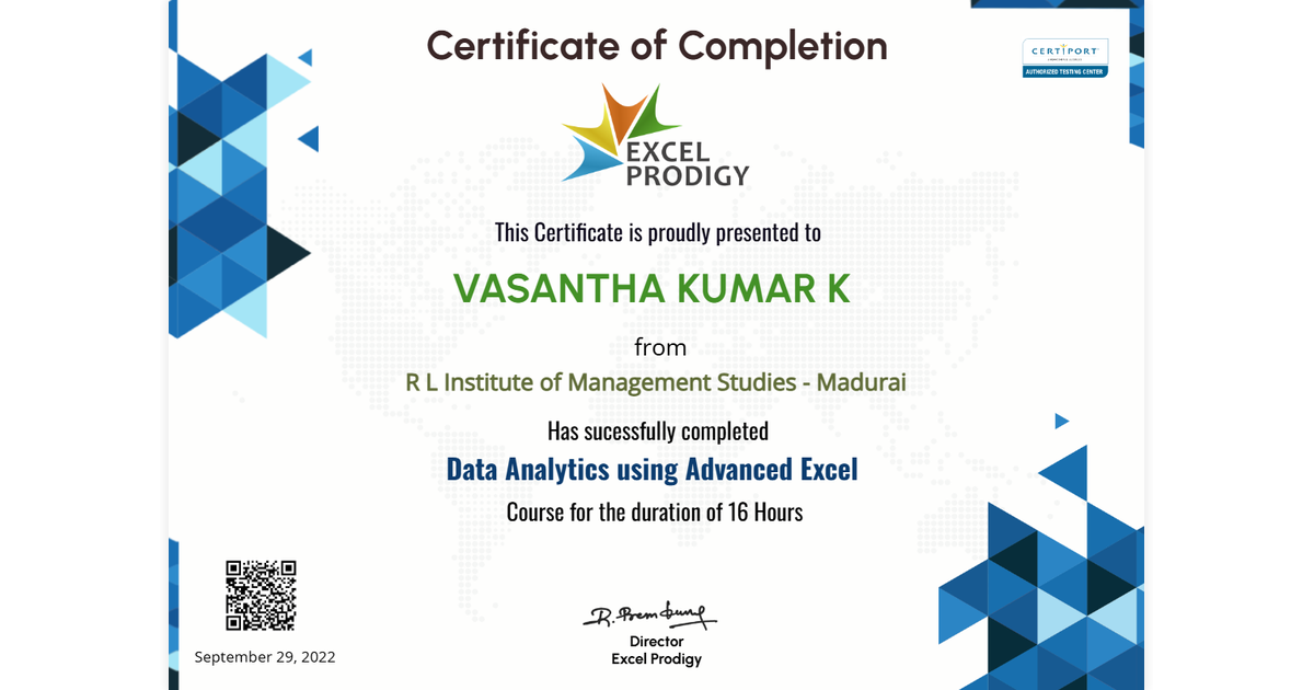 VASANTHA KUMAR K | Data Analytics Using Advanced Excel | Excel Prodigy ...