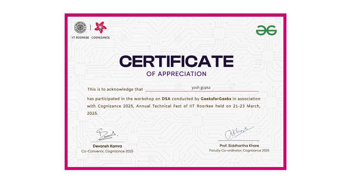 yash gupta | Certification of Participation of Workshop on DSA ...