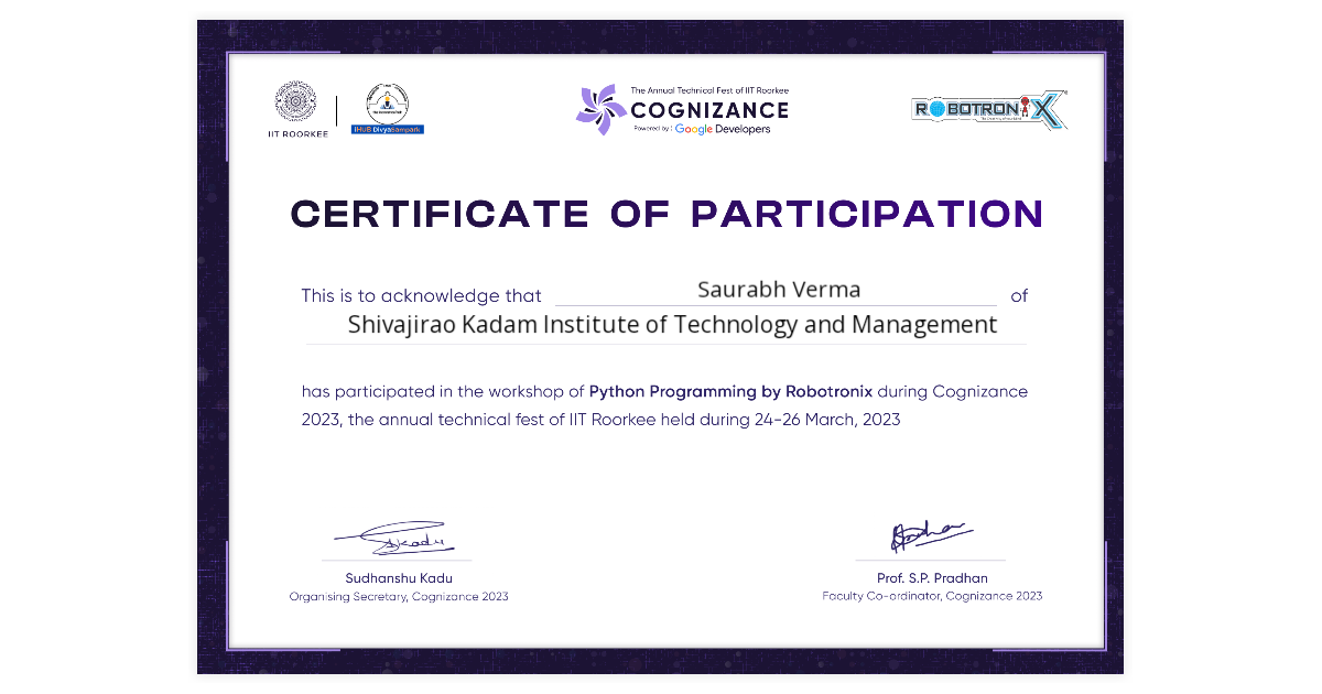 Saurabh Verma | Certificate of Workshop on Python Programming by ...