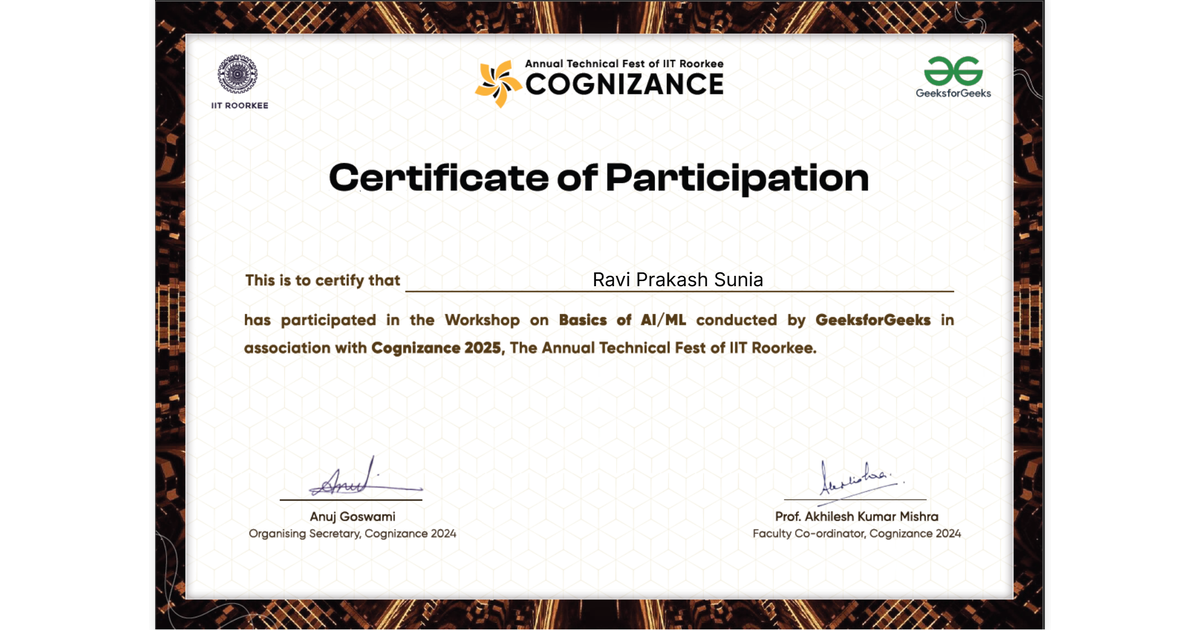 Ravi Prakash Sunia | Certification of Participation in "Basics of AI/ML ...