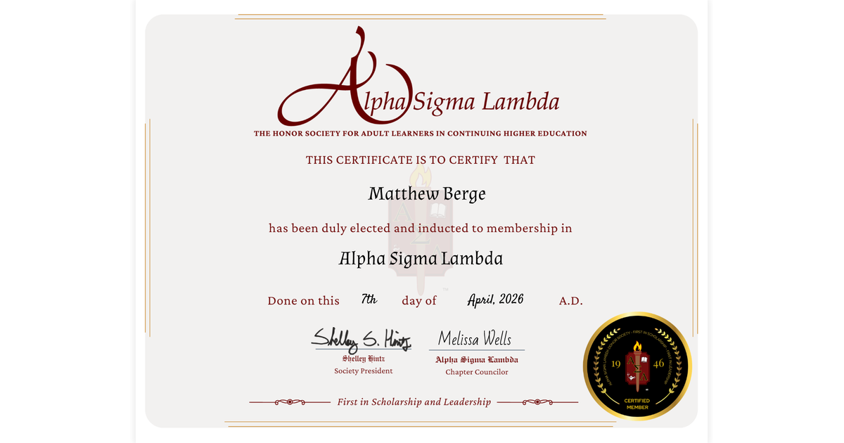 Matthew Berge | Alpha Sigma Lambda Omega Tau Chapter - Spring 2026 ...