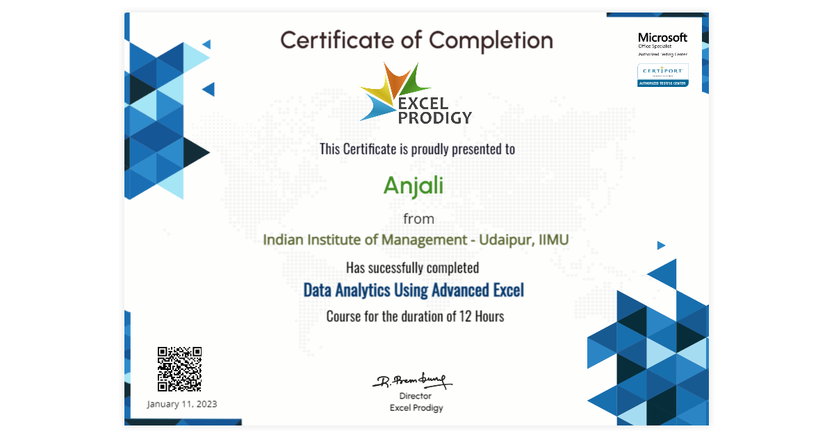 Anjali | Data Analytics Using Microsoft Advanced Excel | Excel Prodigy ...