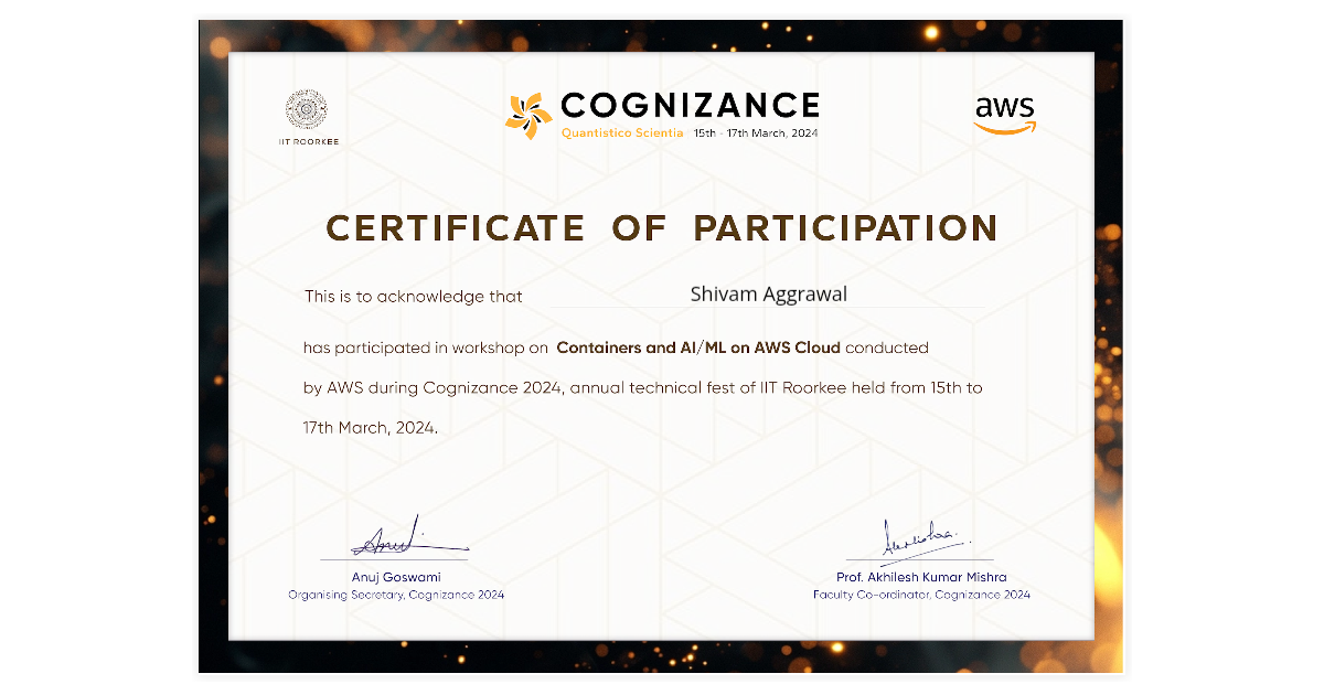 Shivam Aggrawal | Certificate of Participation in Workshop on ...