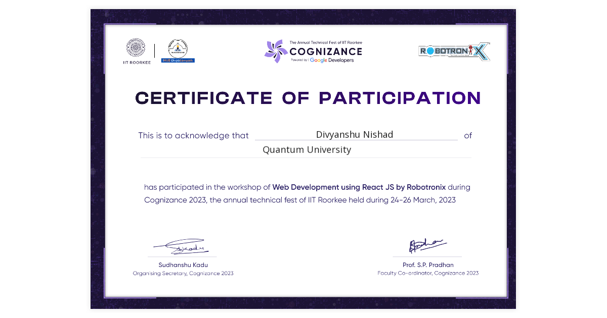 Divyanshu Nishad | Certificate of Workshop on Web Development using ...