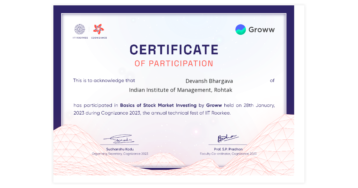 Devansh Bhargava | Certificate of Workshop on Basics of Stock Market ...