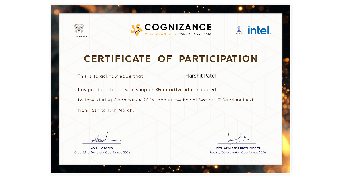 Harshit Patel | Certificate of Participation in Workshop on Genrative ...