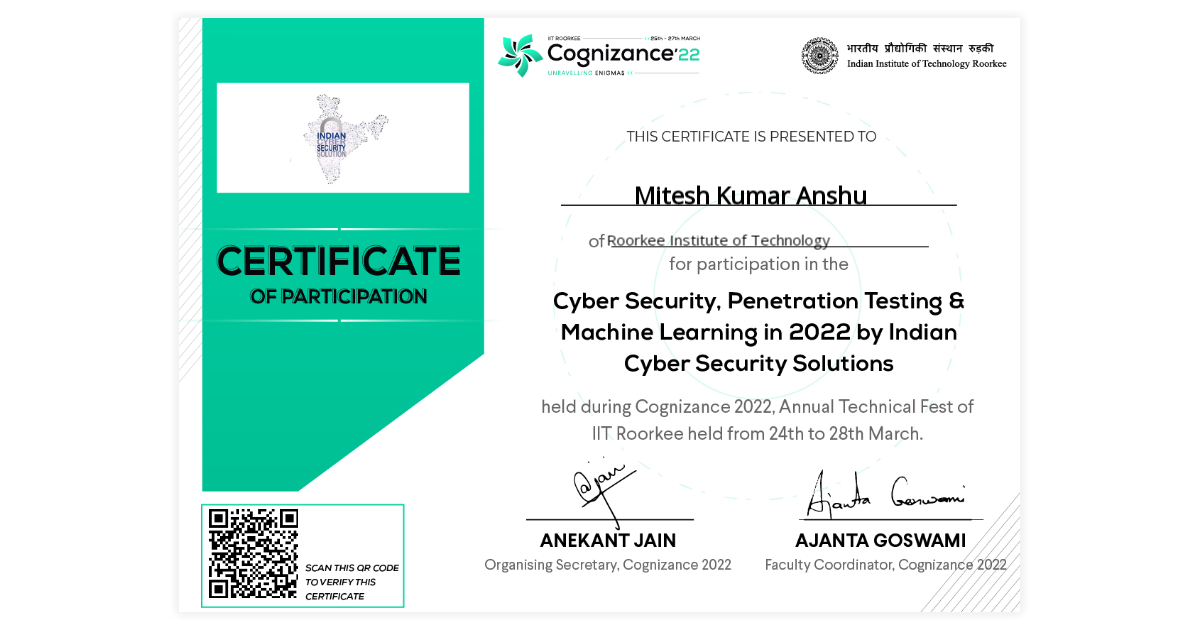 Mitesh Kumar Anshu | Workshop Certificate of Cyber Security ...