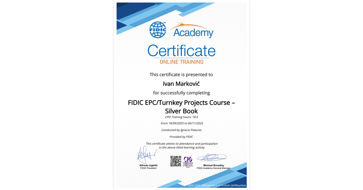 Ivan Marković | FIDIC EPC/Turnkey Projects Course – Silver Book | FIDIC ...