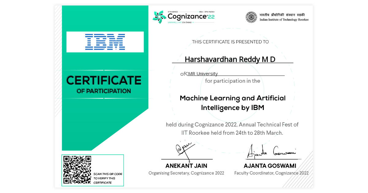 Harshavardhan Reddy M D | Workshop Certificate of Machine Learning ...