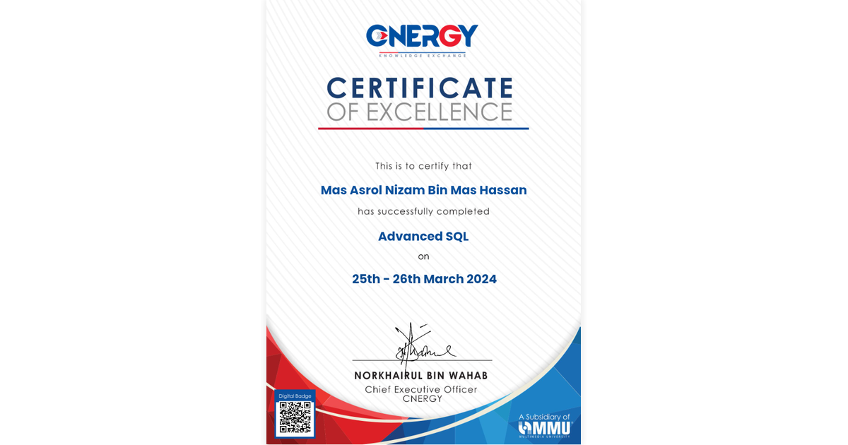 Mas Asrol Nizam Bin Mas Hassan | Advanced SQL | CNERGY via Hyperstack