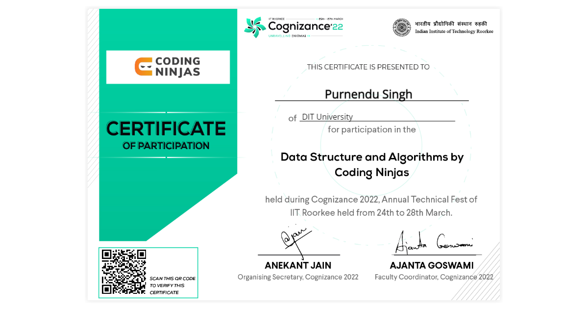 Purnendu Singh | Workshop Certificate of Data Structures and Algorithms ...