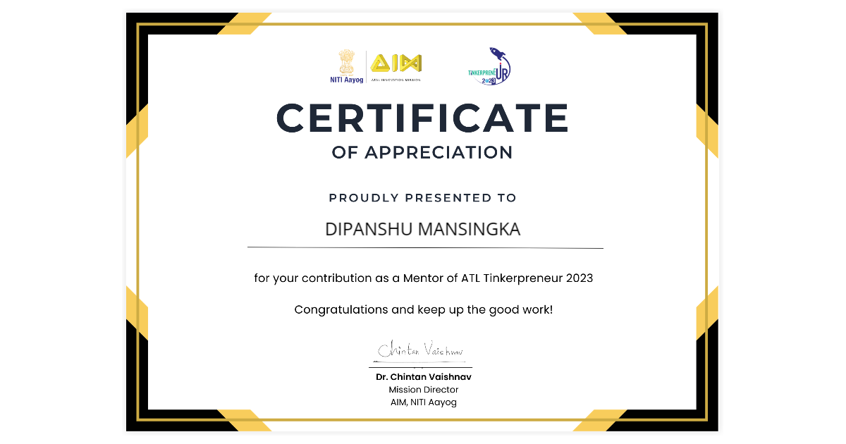 DIPANSHU MANSINGKA | Mentor of ATL Tinkerpreneur 2023 | Atal Innovation ...