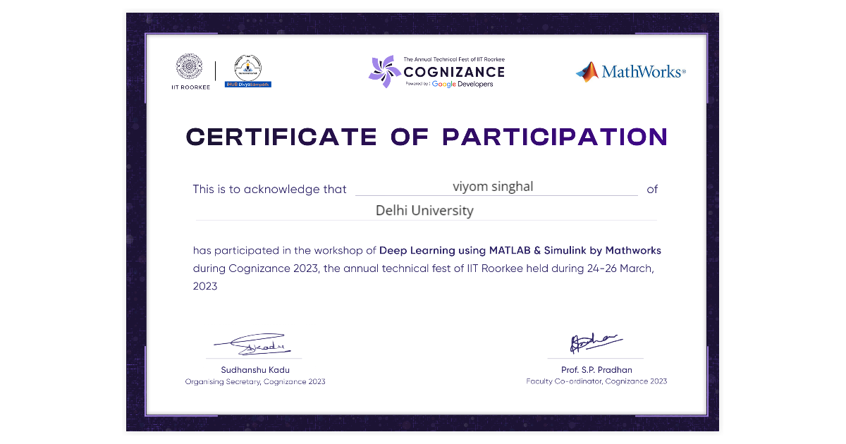 viyom singhal Certificate of on Deep Learning using Matlab