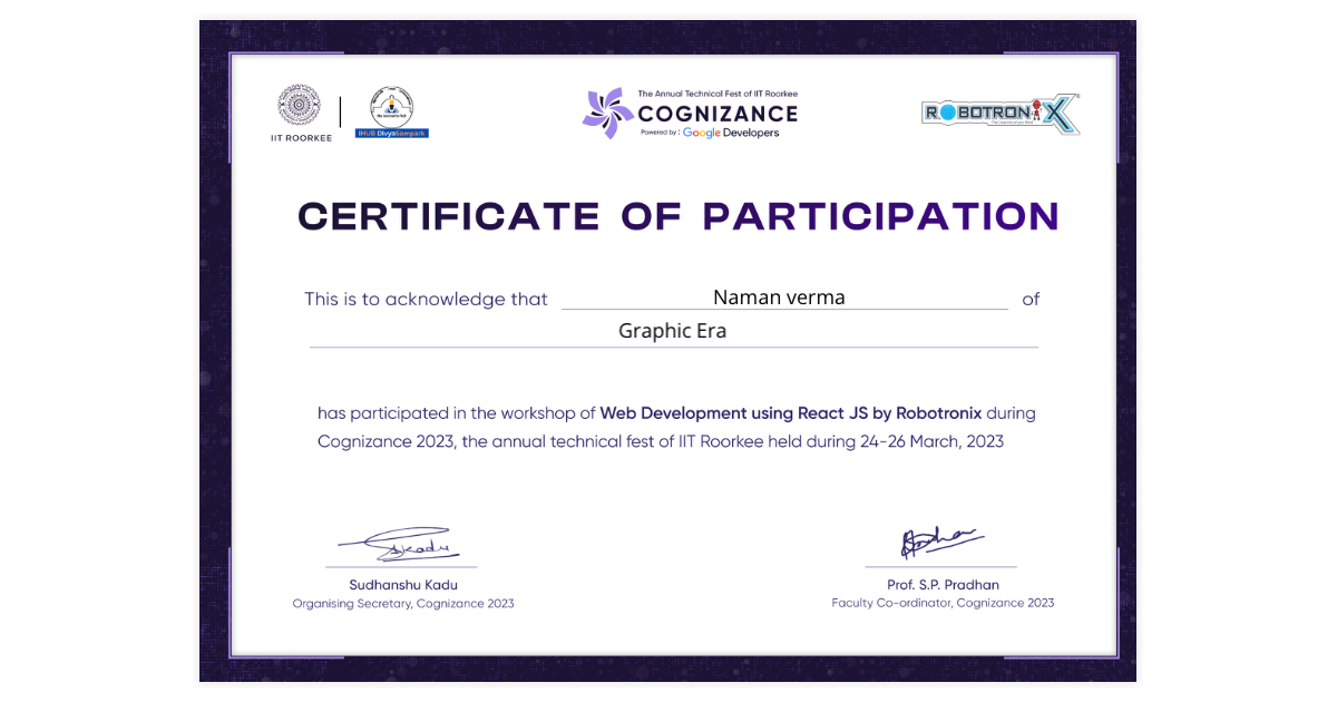 Naman verma | Certificate of Workshop on Web Development using React JS ...